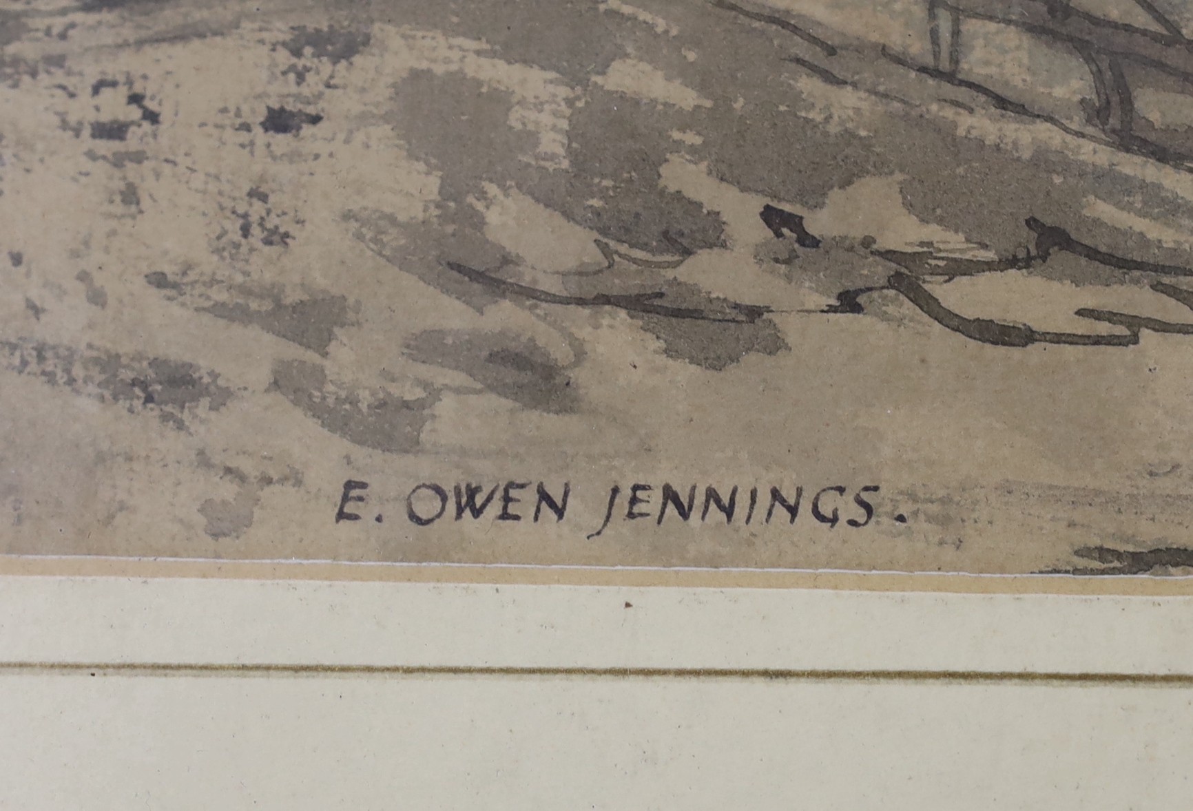 E. Owen James, watercolour, Country house beside a stone bridge, signed, 30 x 42cm